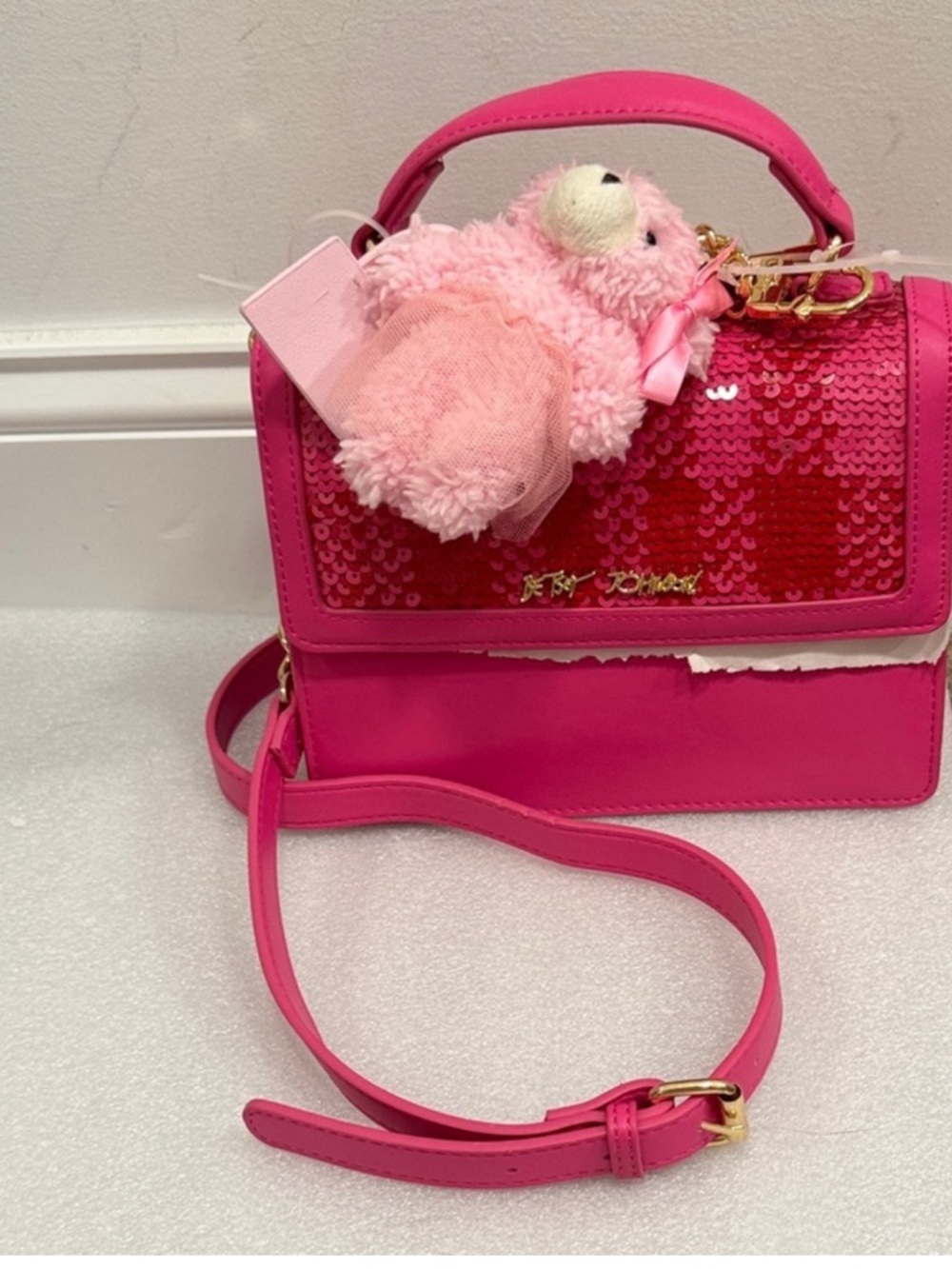 BETSEY Johnson MYLO PINK SEQUIN satchel CROSSBODY BAG pink teddy BEAR bag CHARM - Picture 4 of 13